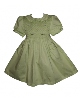 Robe smocks manches ballons col brodé en coton piqué vert anis