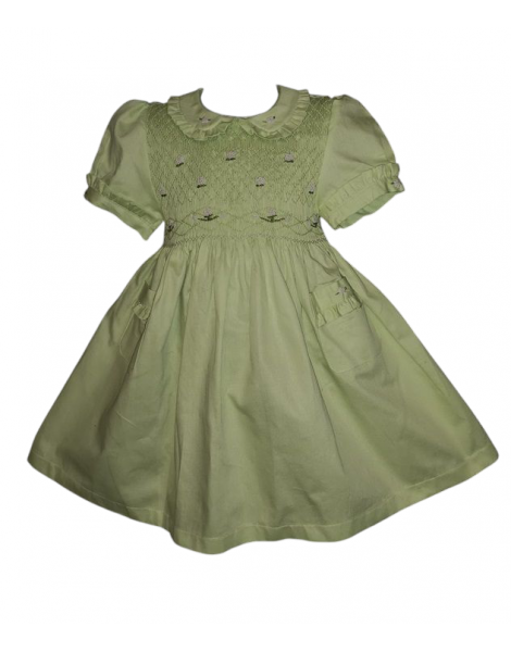Robe smocks manches ballons col brodé en coton piqué vert anis