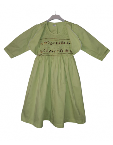 Robe boléro smocks manches 3/4 en coton piqué vert anis