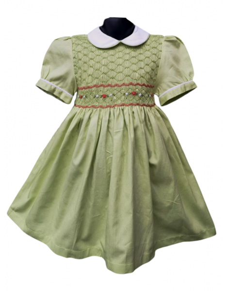 Robe smocks manches ballons en coton piqué vert anis