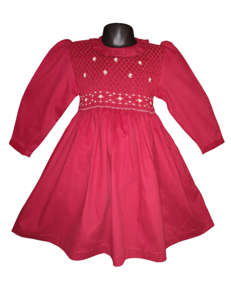 Robe smocks manches longues col Pierrot en coton piqué rouge foncé