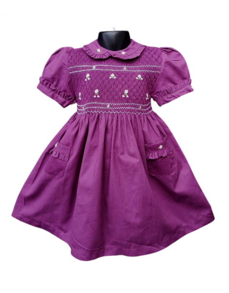 Robe smocks manches ballons col brodé en coton piqué violet