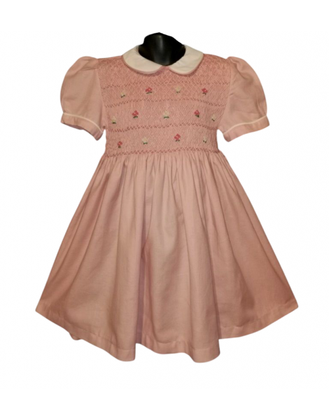 Robe smocks manches ballons en coton finette rose