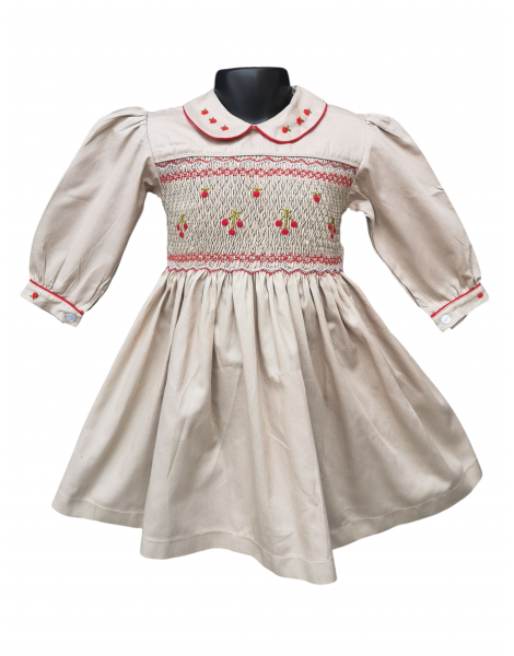 Robe smocks manches longues  en coton piqué beige