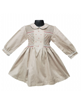 Robe smocks manches ballons col brodé en coton piqué beige