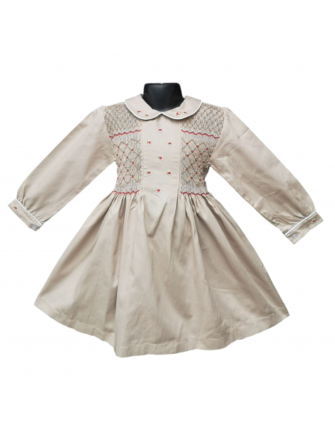Robe smocks manches ballons col brodé en coton piqué beige