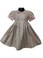 Robe smocks manches ballons col brodé en coton piqué beige foncé