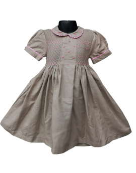 Robe smocks manches ballons col brodé en coton piqué beige foncé