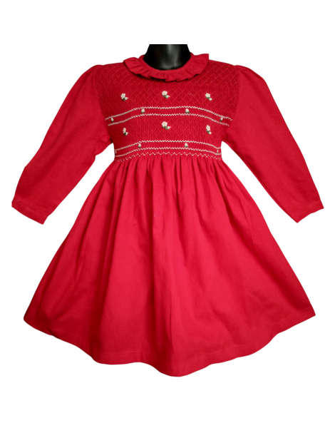 Robe smocks manches longues col Pierrot en coton piqué rouge vif