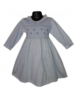 Robe smocks manches longues en coton piqué bleu ciel