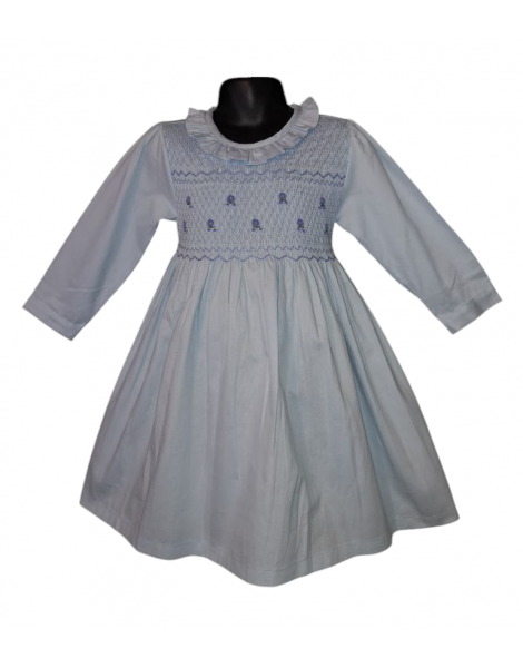 Robe smocks manches longues en coton piqué bleu ciel
