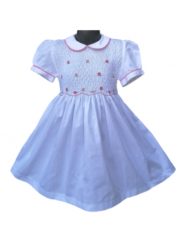 Robe smocks manches ballons col blanc en coton piqué blanc