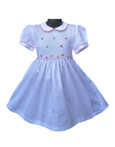Robe smocks manches ballons col blanc en coton piqué blanc