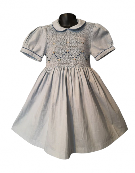 Robe smocks manches ballons en coton piqué bleu ciel