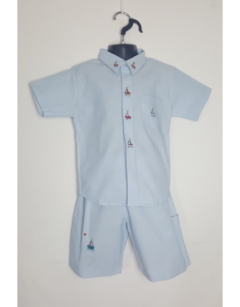 Ensemble chemise bermuda bleu ciel brodé bateau